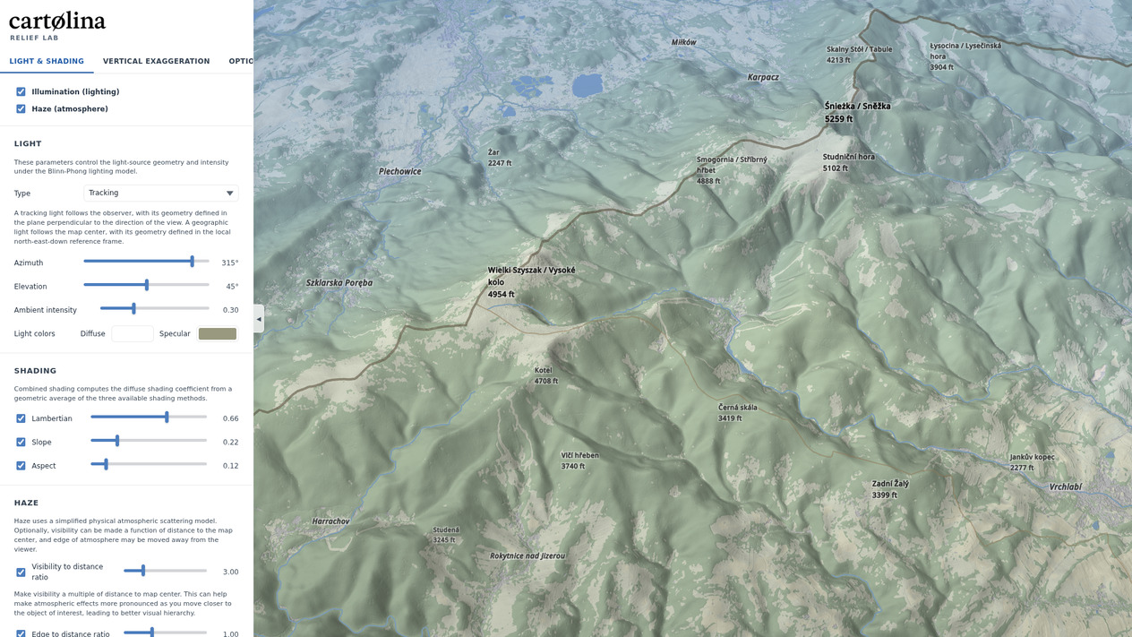 Relief Lab demo — Krkonoše terrain with shading controls